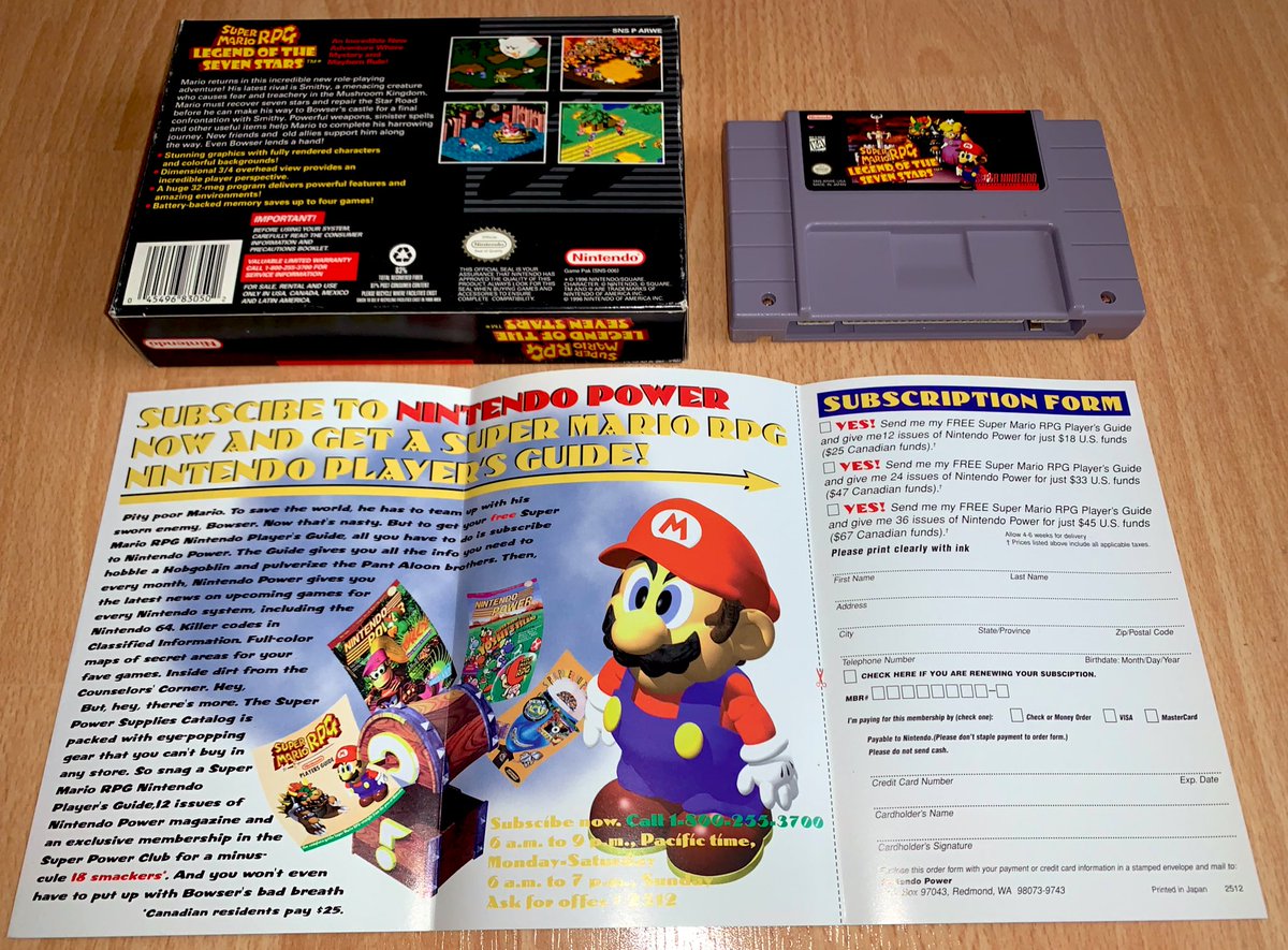 Super Mario RPG: Legend of the Seven Stars (SNES, 1996) Ce jeu jamais sorti en Europe fut mon tout premier achat en ligne (sur eBay), en avril 2004 : en-dehors d’un coin abîmé, pour 49€ port inclus en suivi, c’était TRÈS attirant !Je possède également sa version japonaise.