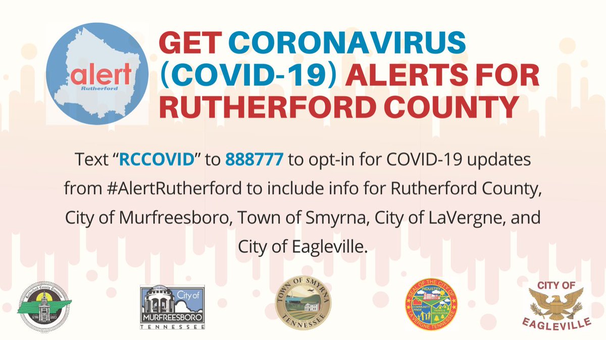 RutherfordTn's tweet photo. Don't forget! To receive important information and updates from Rutherford County, @cityofmborotn , @LaVergne37086 , City of Eagleville, and @TownofSmyrnaTN, sign up for #AlertRutherford by texting "RCCOVID" to 888777. https://t.co/tXO3s5HwxD