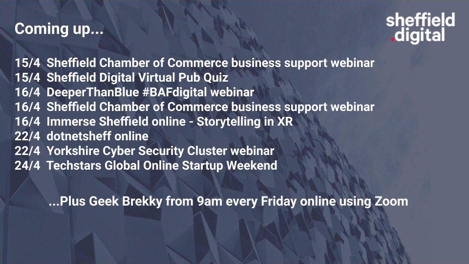 Coming up this week &amp; the rest of April - here's your summary of online meetups, webinars &amp; virtual events.

Got one to add? You can do that <a href="/OpenTechCal/">Open Tech Calendar</a> &amp; in our Slack community sheffield.digital/slack/

Full details can also be found on our website sheffield.digital/events/