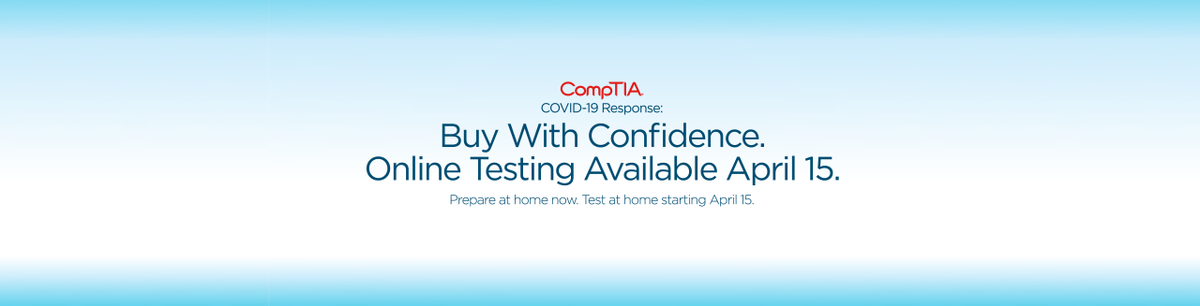 CompTIA's tweet photo. Online Testing will be here tomorrow! Registration and online certification exam testing begins April 15. Shop now with confidence and test soon: https://t.co/ZY1MlKGqIk https://t.co/jbR8iG8IPo