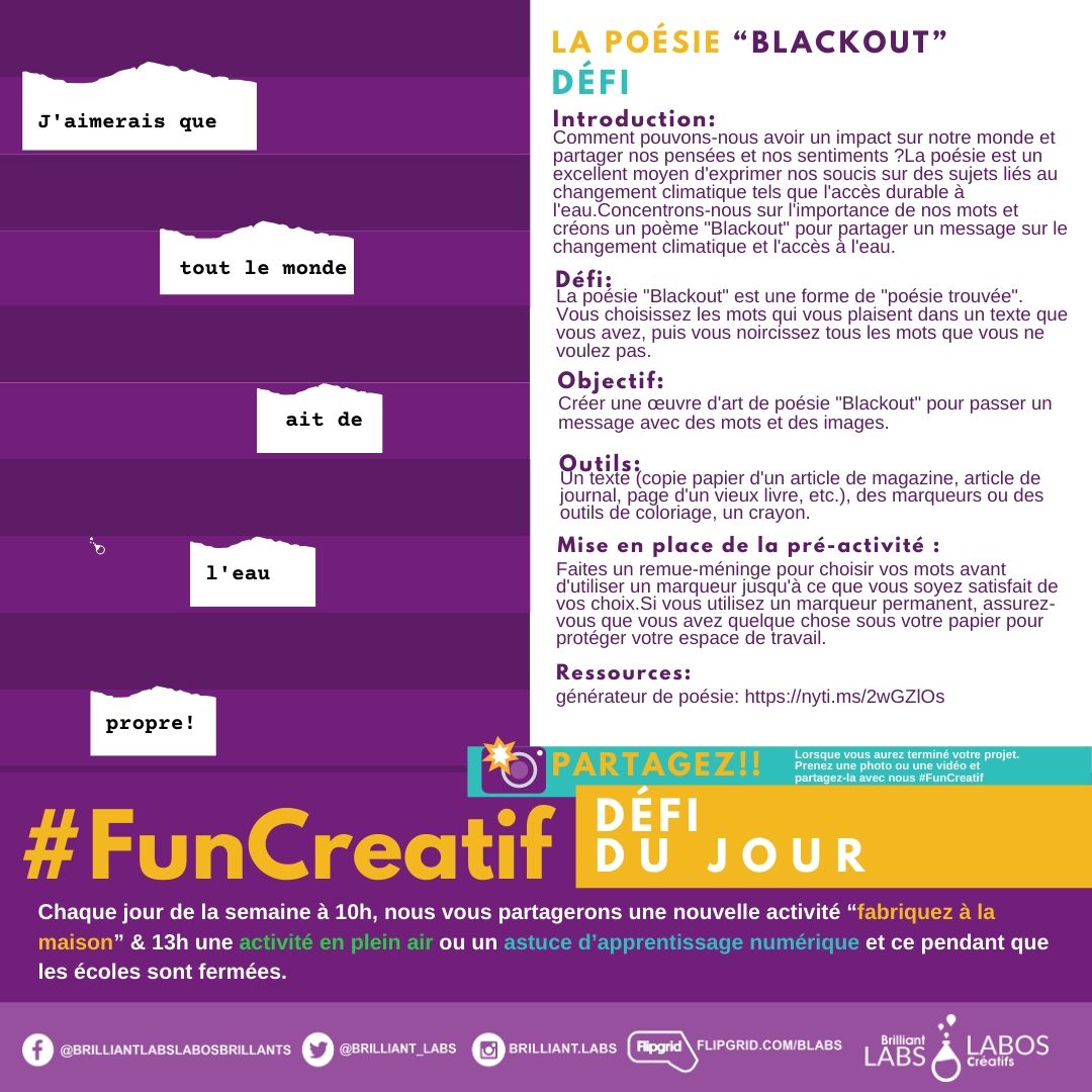 labos_creatifs's tweet photo. #FunCréatif d'aujourd'hui : La poésie Blackout: Prenez un texte que vous trouvez dans la maison pour créer un poème. Apprendre>https://t.co/gZdhKetv4l @ACOACanada @ISED_CA @Gov_NB @EDU_GovNL @EducationPEI @nseducation @francophonesud @DSF_NO @CSLF_IPE @DSFNordEst @CSAP_Officiel https://t.co/di3H6fl6hk