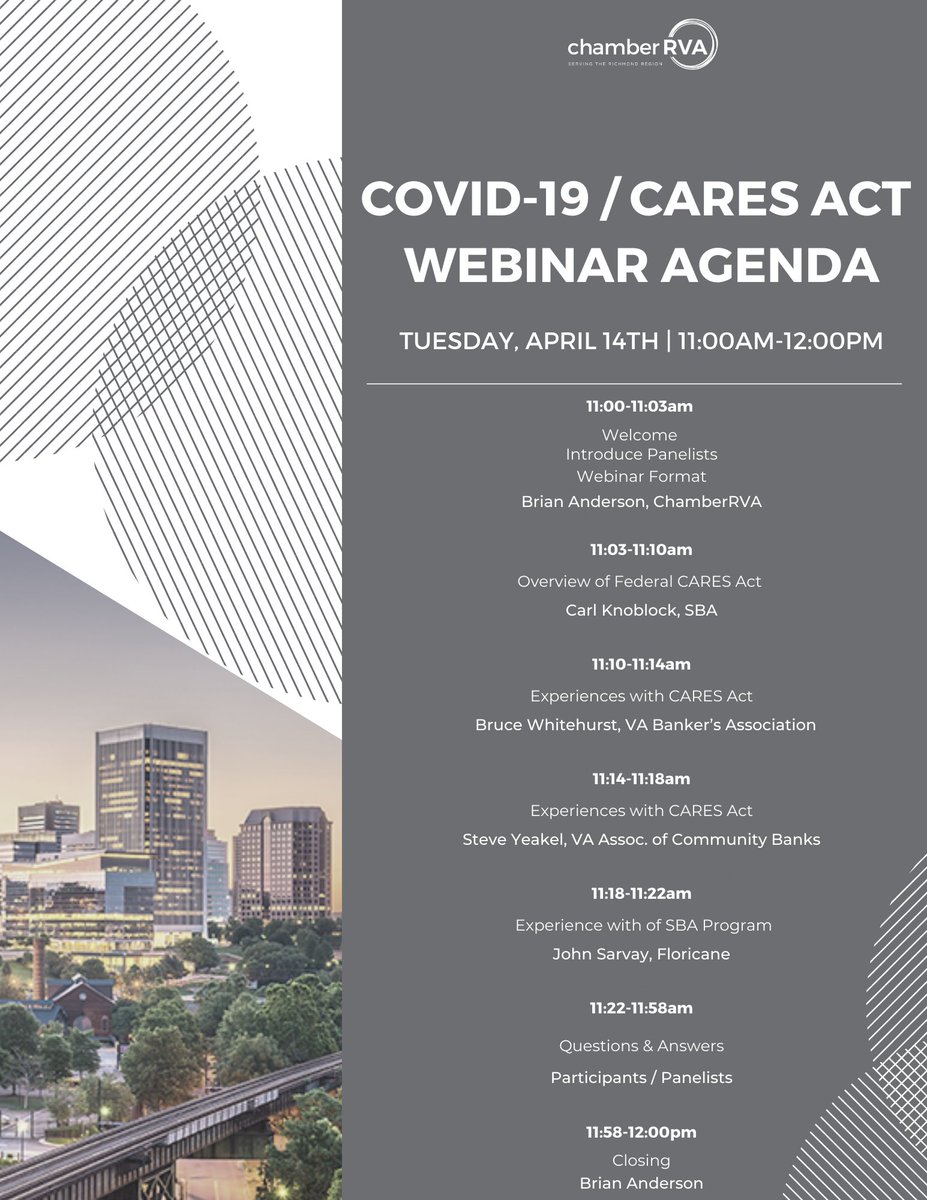 Don't forget to tune into the virtual Town Hall meeting on the CARES Act and SBA Disaster Loans Virtual Town TODAY, Tuesday, April 14, 2020 at 11:00 AM - 12:00 PM EDT!

Register here: bit.ly/3cc1alI