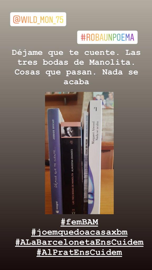 AVVBarceloneta's tweet photo. #RobaUnPoema. Proposta de la Montse Sole
Des de la Biblioteca Antonio Martin ens animen a fer un poema que tingui sentit amb els títols de llibres i pel·lícules que trobeu per casa. 📚📚
#femBAM 
#joemquedoacasaxbm
#ALaBarcelonetaEnsCuidem
#AlPratEnsCuidem https://t.co/3dXBXH77oi