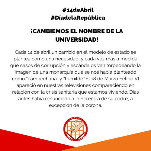 EeM_URJC's tweet photo. Comunicado oficial de la Vikalvarada.¡CAMBIEMOS EL NOMBRE DE LA UNIVERSIDAD! 💪
#cambiemoselnombre 
#diadelarepublica #14abril https://t.co/6ZjmApgvbH