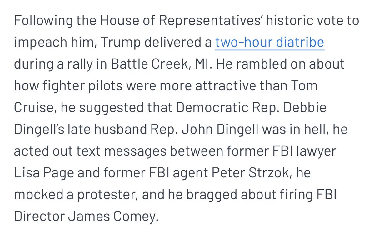 Or the night he got impeached. He was speaking at a rally where he said that a dead congressman was in hell, acted out sexts between an FBI agent and an FBI lawyer, and talked about how attractive Tom Cruise is. Here’s that vs how NYT and CNN covered it