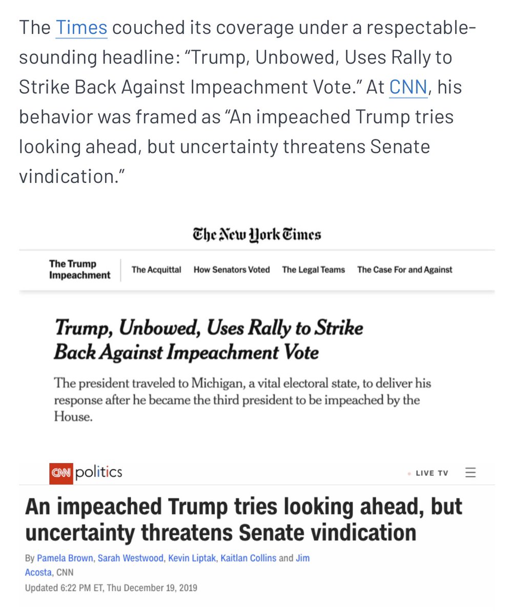 Or the night he got impeached. He was speaking at a rally where he said that a dead congressman was in hell, acted out sexts between an FBI agent and an FBI lawyer, and talked about how attractive Tom Cruise is. Here’s that vs how NYT and CNN covered it