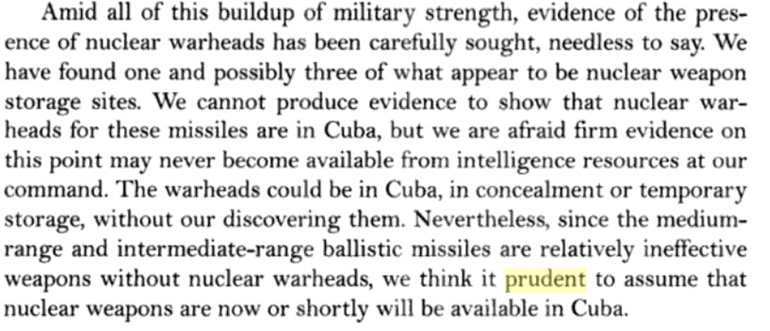 If intelligence analysts are unable to characterize an adversary’s weapons, military and political leaders may feel it “prudent” to assume that those weapons are nuclear-armed—an assumption that may or may not turn out to be correct.  https://books.google.com/books/about/The_Kennedy_Tapes.html?id=bnuvCJQnS0kC (6/13)