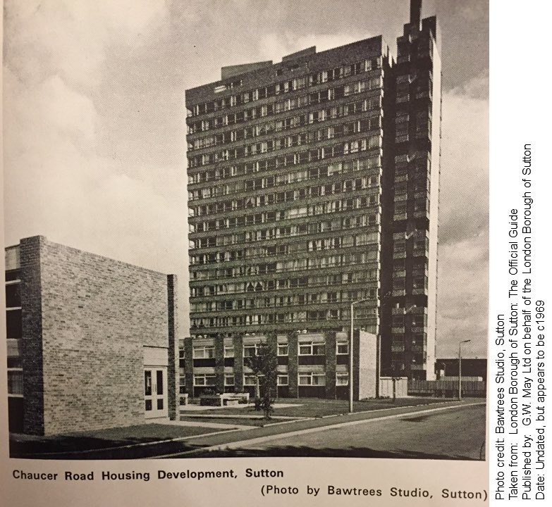 From the Late 1960s, here is probably the first (?) LB Sutton guide. Owen Luder’s Civic Centre tower block was short-lived: gone by early 1980s, making way for Times Sq shopping centre. The Chaucer Road block (with a slight GLC look to it here) survives although since reclad.