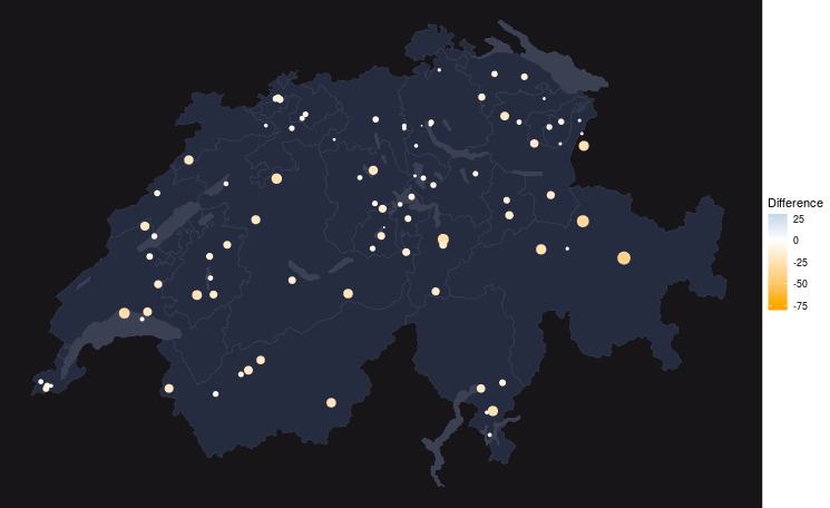 Inspired by <a href="/OpenDataZurich/">Open Data Zurich</a>, <a href="/Giocassi1/">Giorgio Cassina</a> and I were looking at differences in popular times from #SBB stations, #COOP  and #migros since the lockdown. 
Results on: ch-corona-scraping.shinyapps.io/shinymap
Sources: github.com/toacke/CH_coro…
More info: <a href="/OpenDataZH/">Open Data Kt. ZH</a> @opendatabs 
#R #Python #Covid19