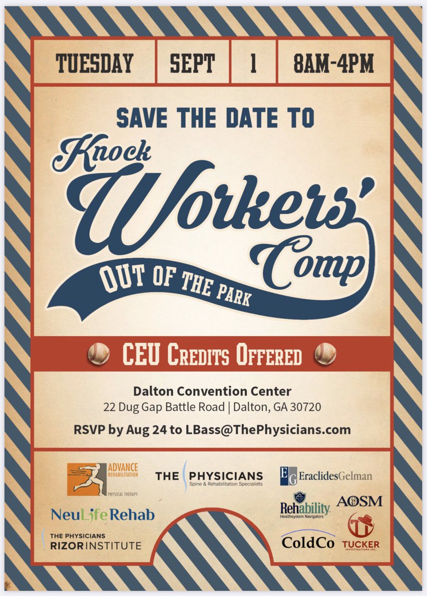 ThePhysicians's tweet photo. UPDATE: Due to Covid-19 we will be postponing our Dalton Workers’ Compensation Seminar to September 1st.  #workerscomp #painmanagement https://t.co/p1YiRbSh9Q