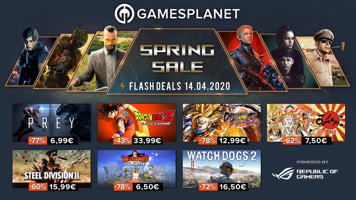 GamesplanetFR's tweet photo. Une nouvelle journée de #Soldes vient avec son lot de promos ! Economisez aujourd'hui sur #DragonBallZKakarot (-43%), #Prey (-77%) #FarmingSimulator19 (-36%) ou encore #WatchDogs2 (-72%).
Toutes les offres de la #SpringSale2020 🌱:
🔥 https://t.co/V1ZSic5xO9 https://t.co/e315lSZyrX