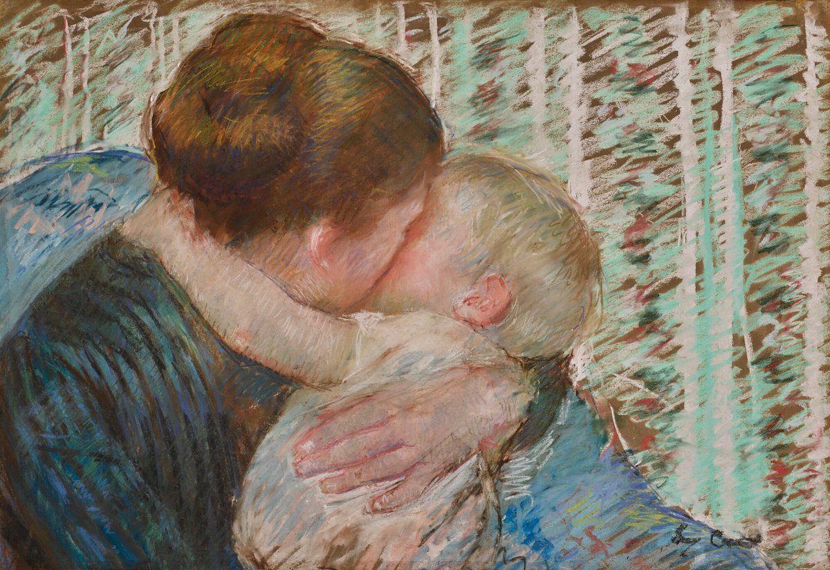 22. For all its difficulties, lockdown has at least one benefit: it gives parents and children time together that they wouldn't otherwise have had. This is Mary Cassatt's charming pastel of a bedtime hug, its faces pink and compressed with love.