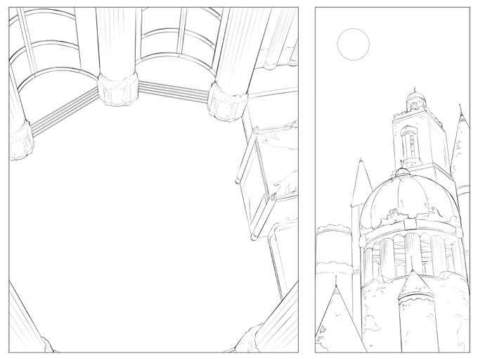 背景線画。クリスタの定規使ってるのにパースがたがた🤔モブは色ぬりの時でいいか… 