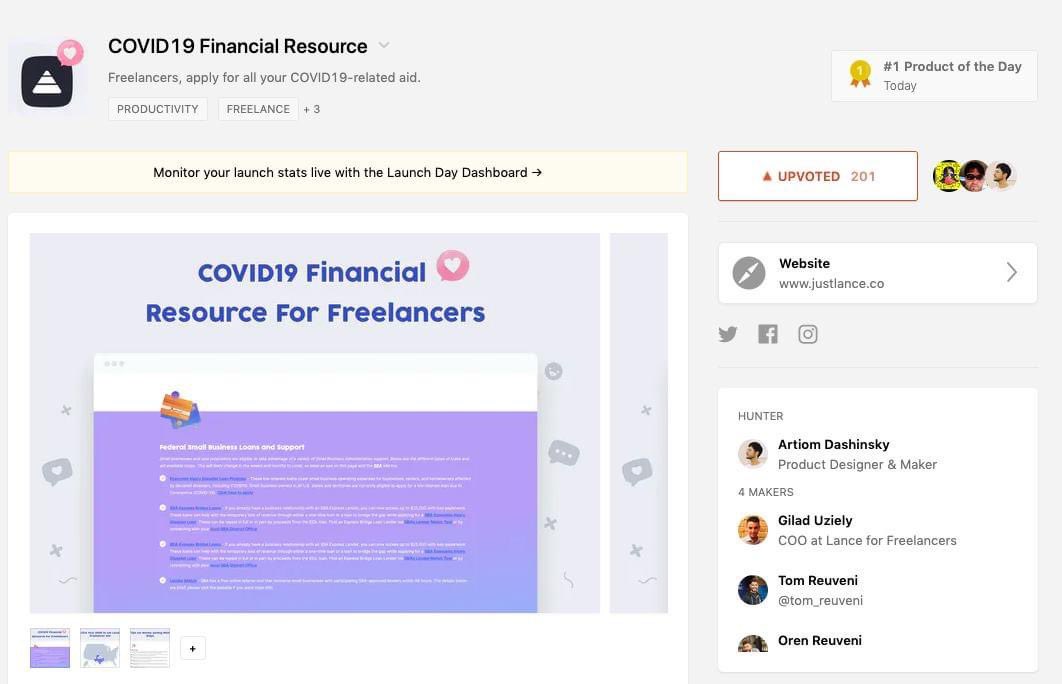 hellomeetlance's tweet photo. Our COID-19 resource page is in the #1 spot on Product Hunt! 

We created this as a regularly updated resource to help #solopreneurs and the #selfemployed navigate all their financial aid options. 

Take a look, upvote + share with your friends! https://t.co/8LNvltrtO8 https://t.co/AWbuk3jP0w