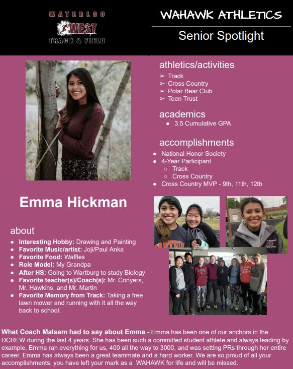 WahawkGirlsTF's tweet photo. WAHAWK Track and Field Senior Spotlight. 
Today we recognize Emma Hickman, another 4-year participant. #Classof2020 https://t.co/6wSrs0msvN