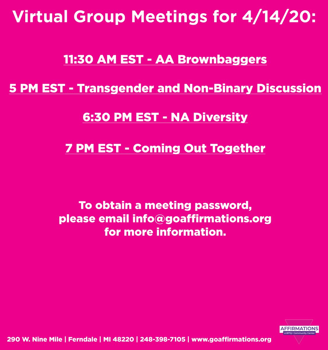 GoAffirmations's tweet image. We&apos;ve got quite a few groups meeting virtually through @goaffirmations today. Check out the schedule attached.
To obtain a meeting password, please email info@goaffirmations.org for more information. #AA #TransgenderSupport #NonBinarySupport #NA #ComingOut