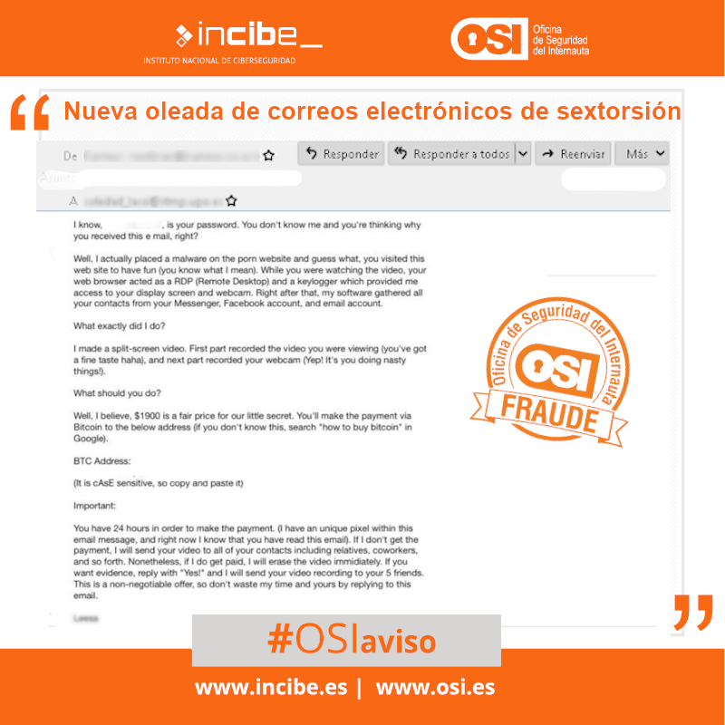 guardiacivil's tweet photo. ⚠#Alerta⚠

¿Has recibido un email 📩 pidiendo 1900$ a cambio de no difundir unas supuestas imágenes íntimas tuyas, grabadas mientras visitabas páginas de contenido pornográfico?

#NoPiques #NoPagues

Es #Falso

Ante los intentos de #Sextorsión
📞062

https://t.co/AsiIE95wJ2 https://t.co/yJECfsqQVv