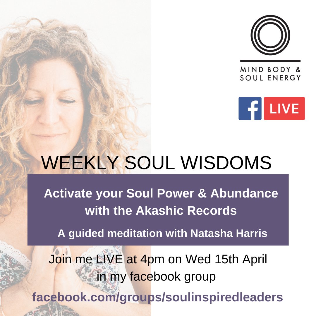 Come and join me live tomorrow (Wednesday) at 4pm for a very SPECIAL treat.
Click the link here to join:
facebook.com/groups/soulins…

I will be sharing with you a guided meditation to activate your Soul Power and Abundance.