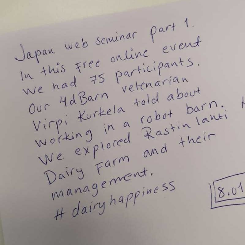 Today we had our Japan Webinar part 1 - Virpi the vet talked about working in robot barn and we explored Rastinlahti dairy farm. We had a total of 75 participants! #dairyhappiness #robotbarn #webinar
