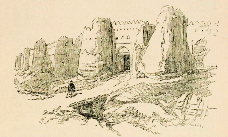 19th century drawing shows the mud walls of the ancient city of Nishabur, Khorasan. Unknown artist.