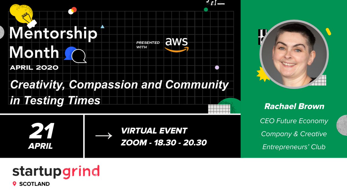 StartupGrindGLA's tweet photo. Join us for the next #SGvirtual event on 21 April - 18.30-20.30.

Creativity, Compassion &amp; Community in Testing Times with @RCreativeWorld from @WeAre_CEC &amp; @CanDoScotland.

Ask Rachael a question NOW - https://t.co/wRSlkrJwxn
More info &amp; tickets - https://t.co/liTZa9CSyP https://t.co/Ktn45LZdt3