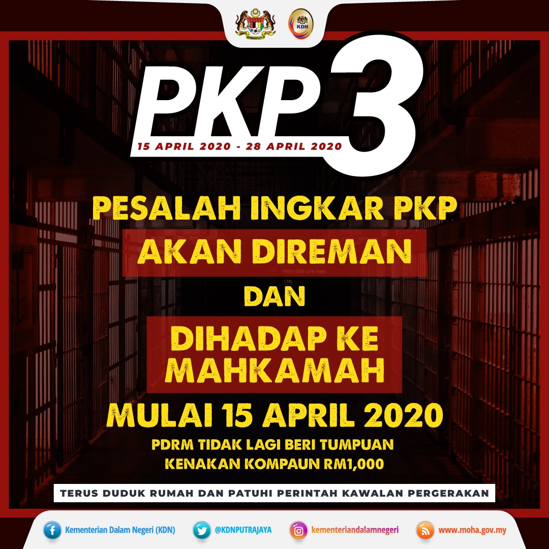 KDNPUTRAJAYA's tweet photo. Pesalah INGKAR PKP akan DIREMAN dan DIHADAP KE MAHKAMAH mulai 15 April 2020.

PATUHILAH PERINTAH KAWALAN PERGERAKAN

#kementeriandalamnegeri #kdn
Keselamatan #tanggungjawabbersama
#stayathome #dudukdirumah #terusdudukrumah https://t.co/4Re4iPsQOR