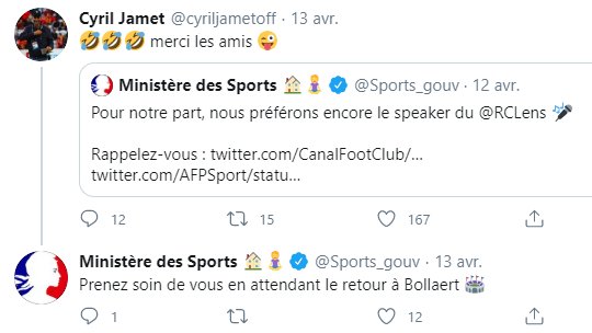 Le compte  @Sports_gouv manie avec talent les réponses aux internautes et montre qu'une institution peut garder son identité tout en respectant les codes de Twitter 