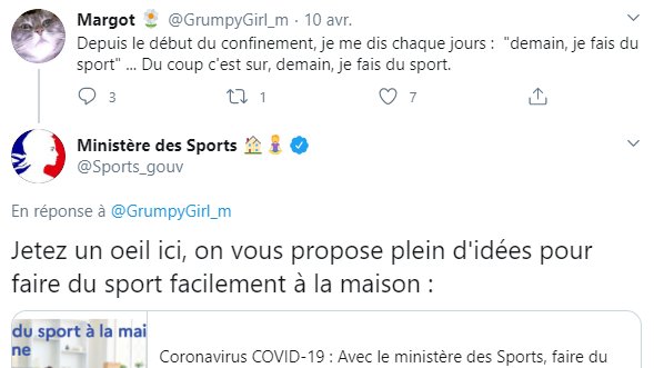 Le compte  @Sports_gouv manie avec talent les réponses aux internautes et montre qu'une institution peut garder son identité tout en respectant les codes de Twitter 