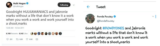 @TheJimCornette seems like @RondaRousey tweet was just a copy of @HulkHogan tweet from 9yrs ago. I'm<a class="tags" target="_blank" title="On Twitter" href="/?out=eyJ0eXAiOiJKV1QiLCJhbGciOiJIUzUxMiJ9.eyJpYXQiOjE3MjYzODg1MTQsImlzcyI6InR3cG9ybnN0YXJzLmNvbSIsIm5iZiI6MTcyNjM4ODUxNCwiZXhwIjoxNzU3OTI0NTE0LCJyZWRpcmVjdF91cmwiOiJodHRwczovL3R3aXR0ZXIuY29tL1RoZUppbUNvcm5ldHRlIn0.9qWYXMIiVJWRPTUpPi3GD6OoL5nkeP3b6ZkAucAhcXcNYoIZsoDZnsXF308Yvrp61-HkQJ8ClP4RmvSJLNudog">@TheJimCornette</a><a class="tags" target="_blank" title="On Twitter" href="/?out=eyJ0eXAiOiJKV1QiLCJhbGciOiJIUzUxMiJ9.eyJpYXQiOjE3MjYzODg1MTQsImlzcyI6InR3cG9ybnN0YXJzLmNvbSIsIm5iZiI6MTcyNjM4ODUxNCwiZXhwIjoxNzU3OTI0NTE0LCJyZWRpcmVjdF91cmwiOiJodHRwczovL3R3aXR0ZXIuY29tL1JvbmRhUm91c2V5In0.IJjr2AmTORWup7-HUJufzHI4oo89cdFmooRdgWd0CE0vAb73ZLKxFyFQteRjJSM2bU6VMfPq-00AOiO67LSiLA">@RondaRousey</a><a href="/tag/nwo4life"class="tags"><span>#nwo4life</span></a>