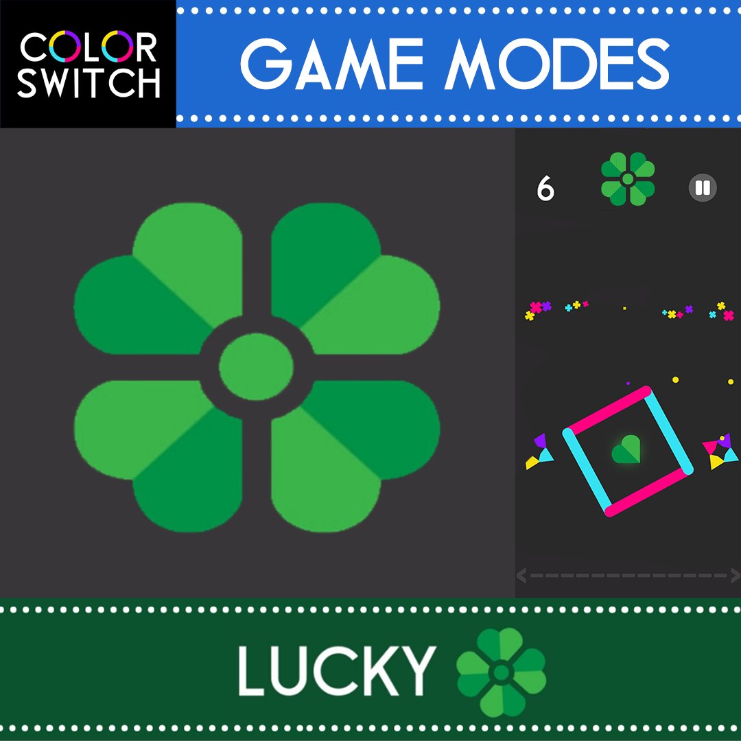 ColorSwitch's tweet image. LUCKY
Need stars fast? Catch a LUCKY CLOVER &amp;amp; earn 50 stars ⭐
Slide back and forth to navigate!! &amp;lt;&amp;lt;👆&amp;gt;&amp;gt;
80 exciting levels and an Endless Mode available for FREE🍀
+30 Game Modes available at: colorswitchworld.com
#ColorSwitch #LuckyClover #ColorSwitchModes #LuckyMode