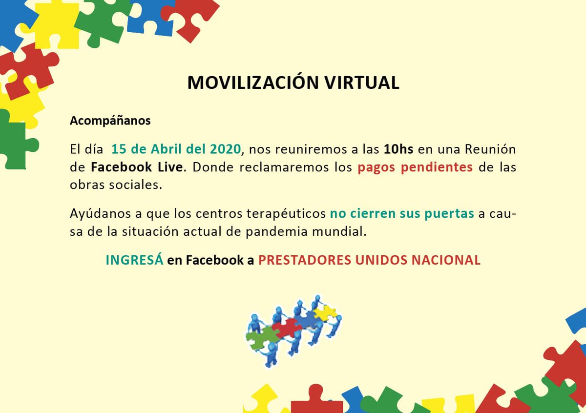 kriskobicho's tweet photo. Mañana no nos dejes solo!! Primera movilización virtual!!! El AREA DE DISCAPACIDAD EN CRISIS!!! @SANTIAGODELMORO @Intratables @A24COM @eltreceoficial @rialjorge @rialjorge @CasaRosada @AmericaTV @radiomitre @todonoticias @ArtistasDisc 
#DiscapacidadPrestadoresUnidos https://t.co/HKP466lQHg