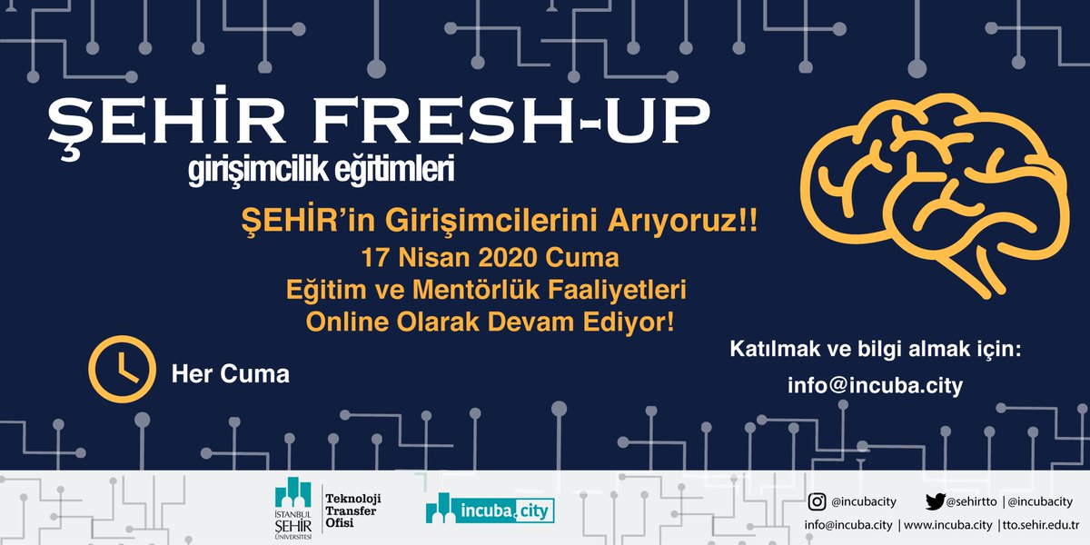 #ŞEHİRTTO incuba.city Kuluçka Merkezimizin #ŞEHİR #GİRİŞİMCİ'leri için organize ettiği #ŞEHİR #FRESHUP eğitim ve mentorluk hizmetlerimiz #Online olarak devam ediyor. Bilgi ve iletişim için info@incuba.city e-mailine dönüşlerinizi bekliyoruz. 

<a href="/incubacity/">incuba.city</a> <a href="/sehirtto/">ŞEHİR TTO</a>