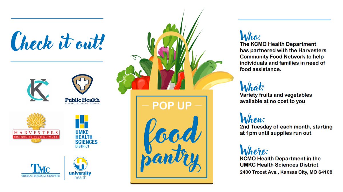 KCMOHealthDept's tweet photo. It’s #Today @HarvestersORG
Pop-Up Pantry at 1pm @KCMOHealthDept parking lot.

To keep everyone safe + healthy please follow the signs and #PhysicalDistancing guidelines.
See you soon!

@TrumanMedKC @KCMO @UMKCHSD https://t.co/pSoUE812nz
