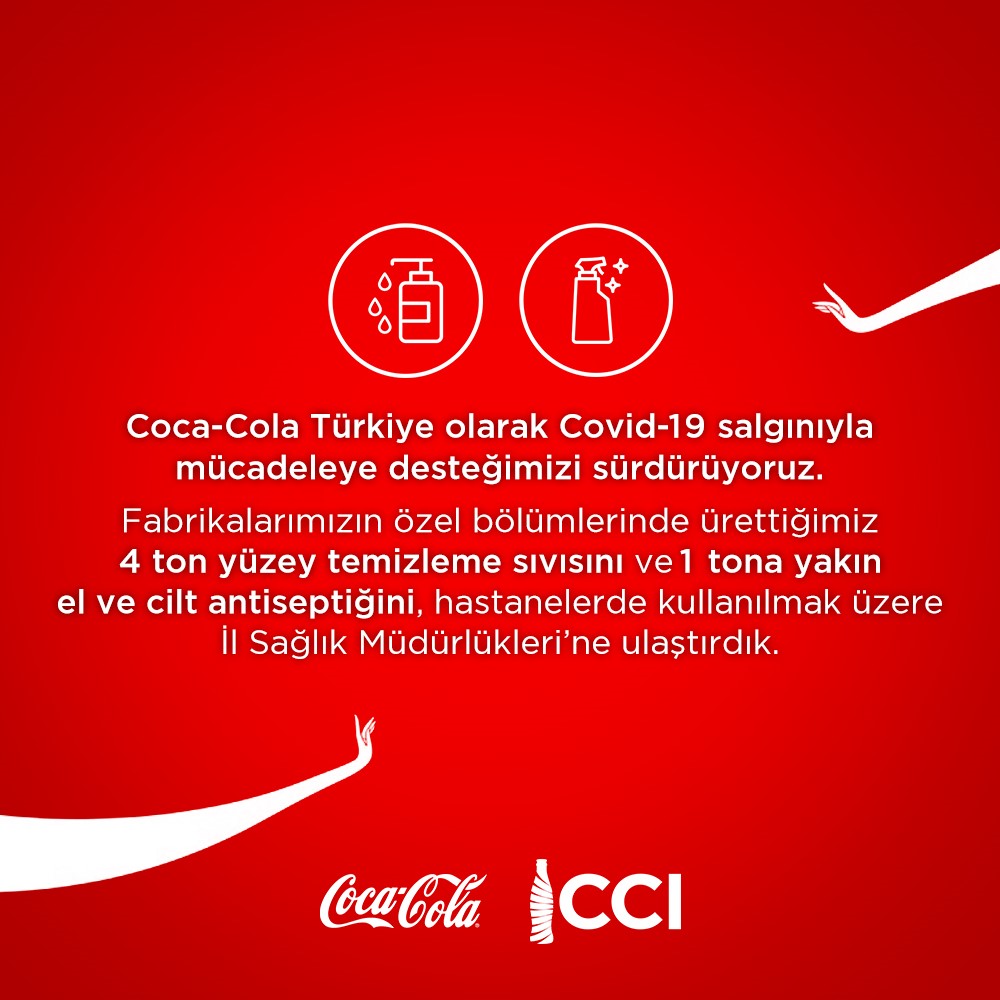 Türkiye’nin yanındayız! Covid-19 ile mücadelemizi fabrikalarımızda ürettiğimiz yüzey temizleme sıvısı ve el&amp;cilt antiseptiği ile sürdürüyoruz. 4 ton yüzey temizleme sıvısını ve 1 tona yakın el&amp;cilt antiseptiğini İl Sağlık Müdürlükleri’ne gönderdik. #GüçlüKalYanındayız #gururlaCCI