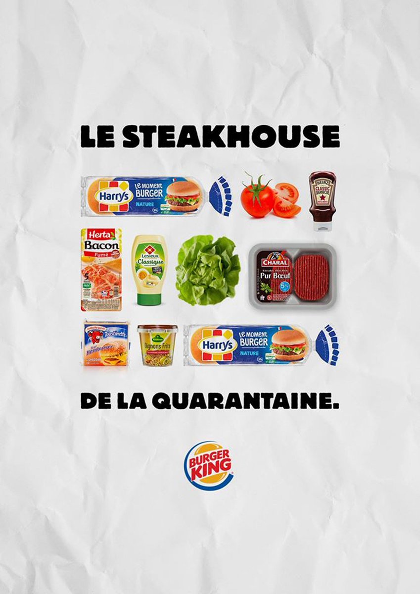 Bon, je ne serai pas le premier à les citer, mais la marque  @BurgerKingFR réussit une fois de plus à sortir du lot avec une série de visuels adaptés au contexte : les "recettes de la quarantaine".
