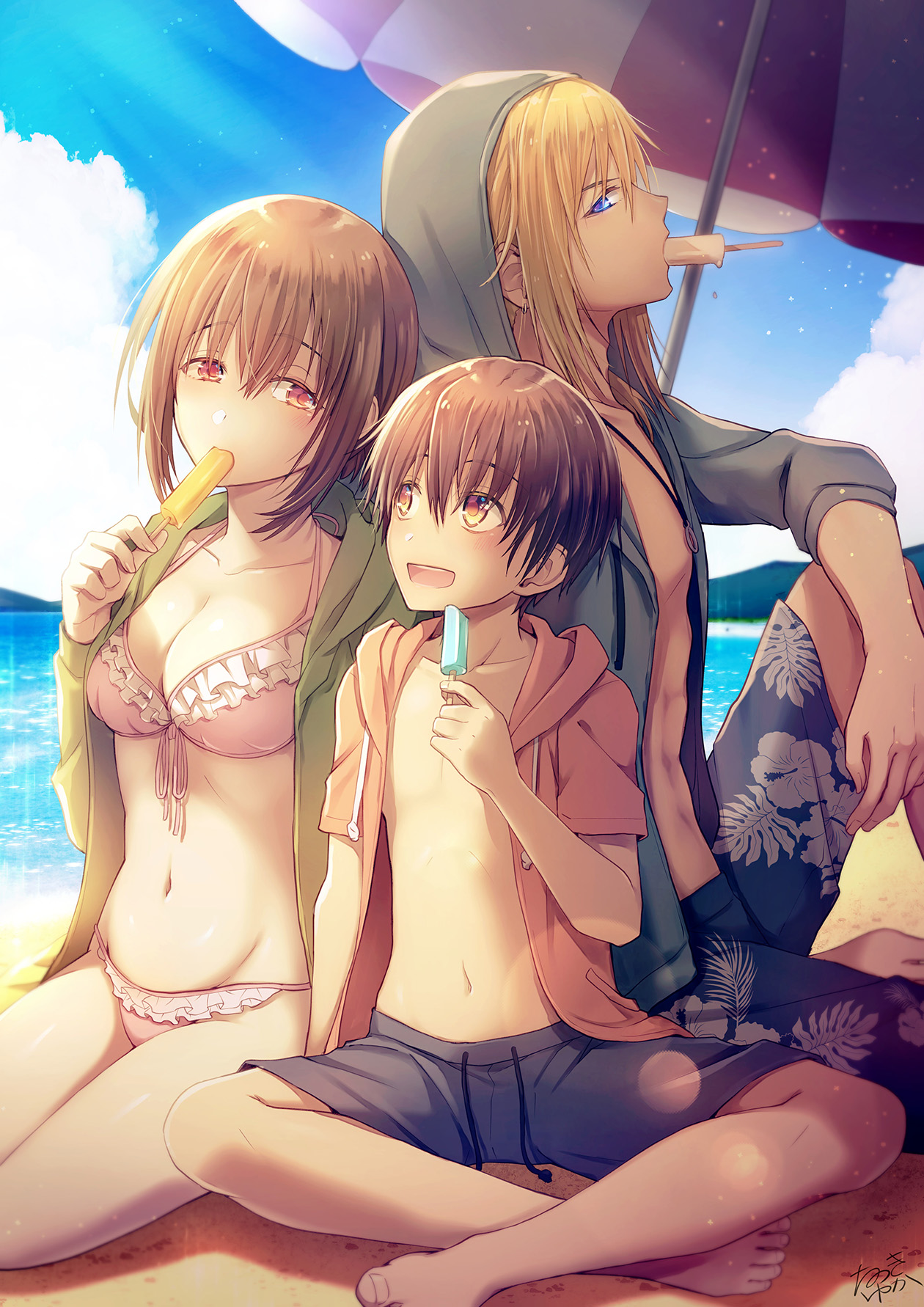 なつきゆか Lineﾏﾝｶﾞで連載中 No Twitter ついでに表の海回のイラストと裏のイラスト 表では仲良しな3人に見えるけど裏だと って感じで意識して似た構図にしてました 蓮 お兄にアイス食べられた ｼｭﾝ T Co Sos5x9ir3q Twitter