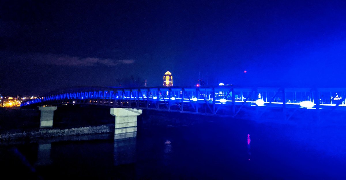 DesMoinesParks's tweet photo. The Chris and Marcie Coleman Bridge has been turned blue to thank health care providers/essential workers. Support their hard work combating COVID-19 by sharing these photos from home, instead of gathering to take your own. Show your love &amp; tag a health care hero! #lightitblue https://t.co/BtaoSNU92x