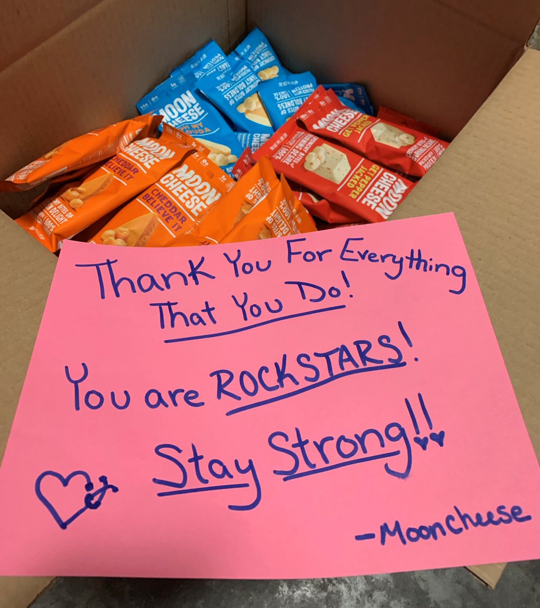 MoonCheeseSnack's tweet photo. .@MoonCheeseSnack is providing our healthy snacks to those in need of some fuel, and a smile, in these trying times. Nominate a #nurse, #doctor, #grocerystoreworker, or anyone you know who is selflessly protecting us on the front lines.
Get started: https://t.co/LcX8ktH2xq https://t.co/DWeP8zpExR