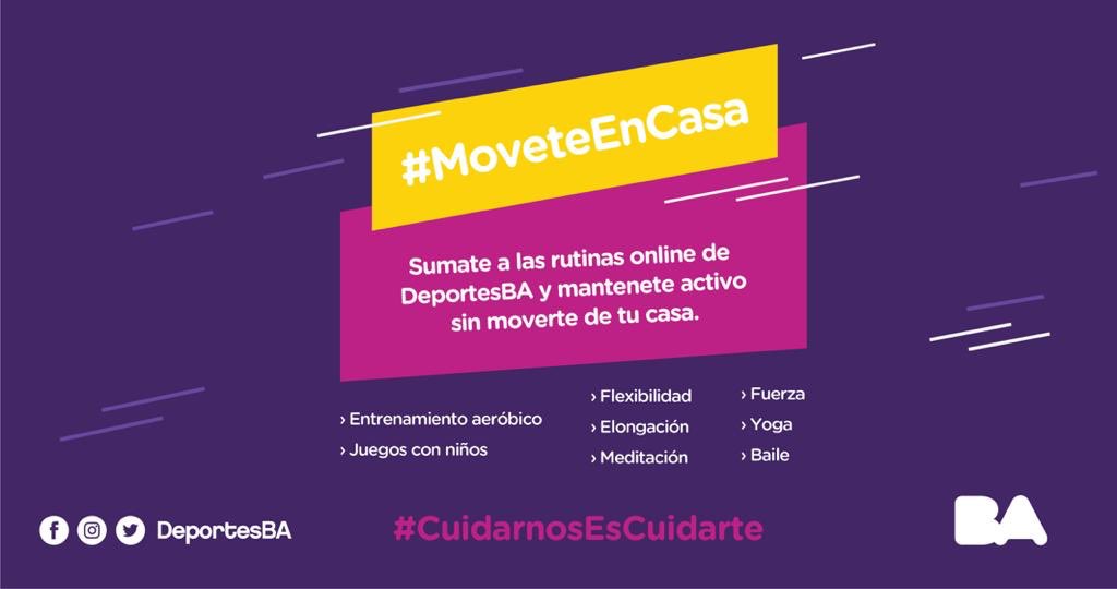 DeportesBA's tweet photo. Sumate a las rutinas online de #DeportesBA y mantenete activo sin moverte de tu casa. ¿Empezamos?Mirá todos los videos en: https://t.co/YGyhDHdDka
#YoMeQuedoEnCasa #MoveteEnCasa https://t.co/kxTyjGC6zD