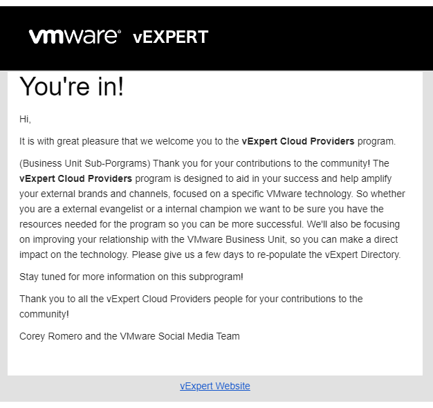 vmroe_nl's tweet photo. Very excited to be part of the first vExpert Cloud Providers sub program! @vExpert @cloudhappens @Uniserver #VMware #vExpert #vCommunity #vExpertCloudProvider https://t.co/ooai7M9OZ0