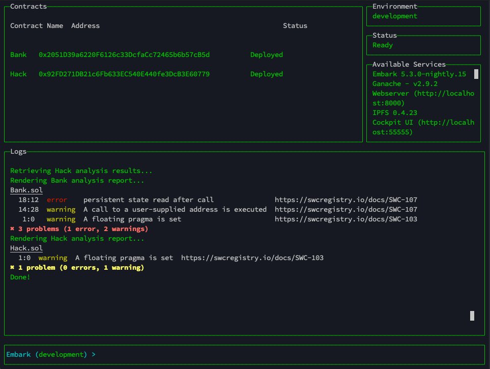 EmbarkProject's tweet image. Ever wanted to analyze the security of your smart contracts WHILE developing them? Embark's MythX plugin exposes your contracts' vulns without leaving the console
blog.embarklabs.io/news/2020/04/0…