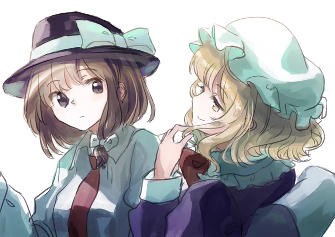 #深夜の真剣お絵描き60分一本勝負  ちょっと自信満々そうにしてるメリーに驚いてる蓮子ちゃんの図ー 