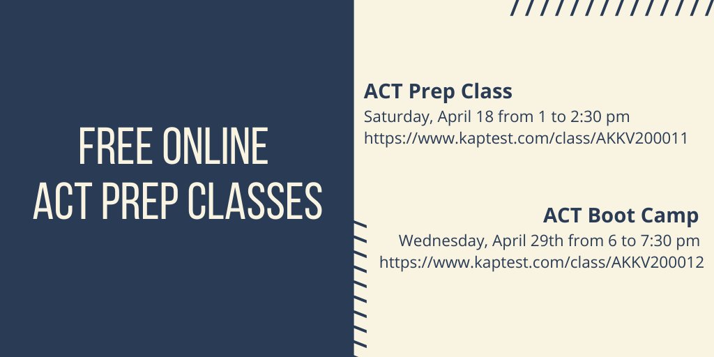 Today is #TestPrepTuesday and here are two ACT prep courses that you can take for FREE! 

ACT Prep Class - kaptest.com/class/AKKV2000…
ACT Boot Camp - kaptest.com/class/AKKV2000…