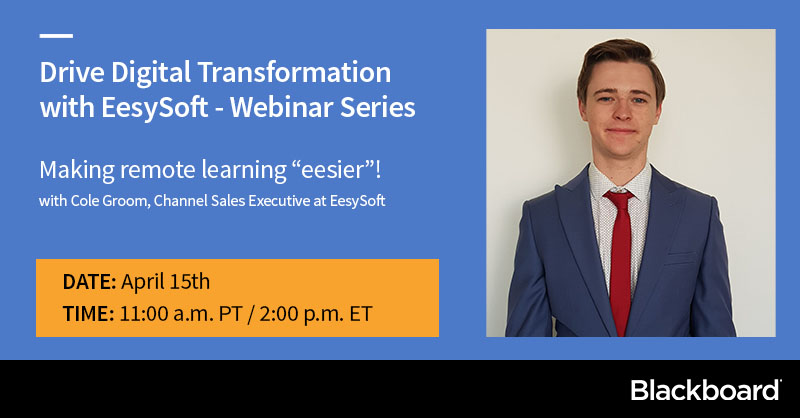 Blackboard's tweet photo. Join Blackboard and @EesySoft for a 4-part webinar series to learn how your institution can improve its experience with online programs. Reserve your seat now. https://t.co/7akYEJXuTB https://t.co/kMQIemHeDv