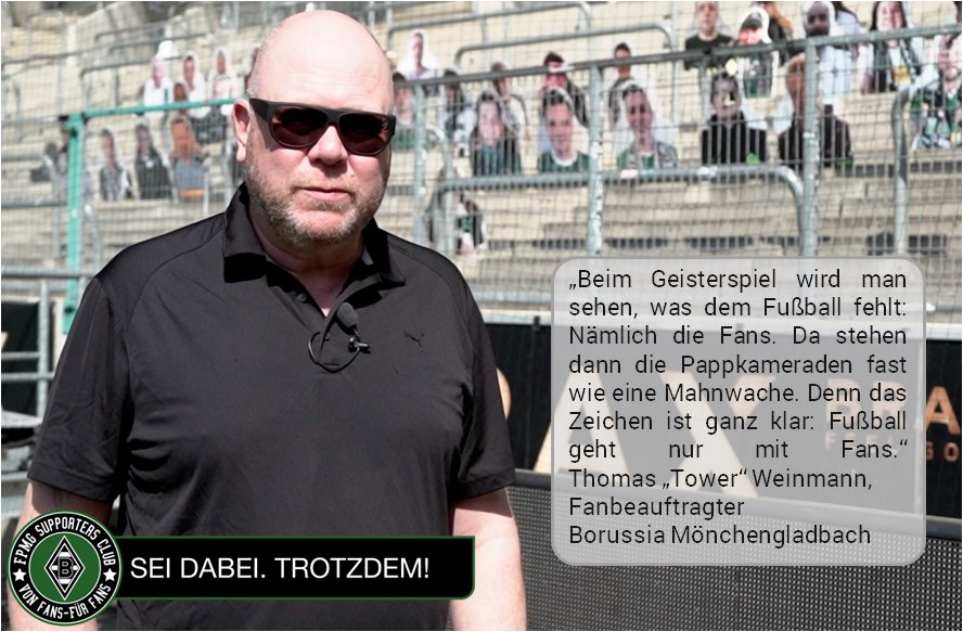FPMGSC's tweet image. "Die Pappkameraden sind wie eine Mahnwache. Sie sind ein klares Zeichen. Denn Fußball geht nur mit Fans!" 

seidabei-trotzdem.de
#DieFohlen #vonfansfuerfans #seidabei #FohlenElf
#fpmgsupportersclub #stayhome