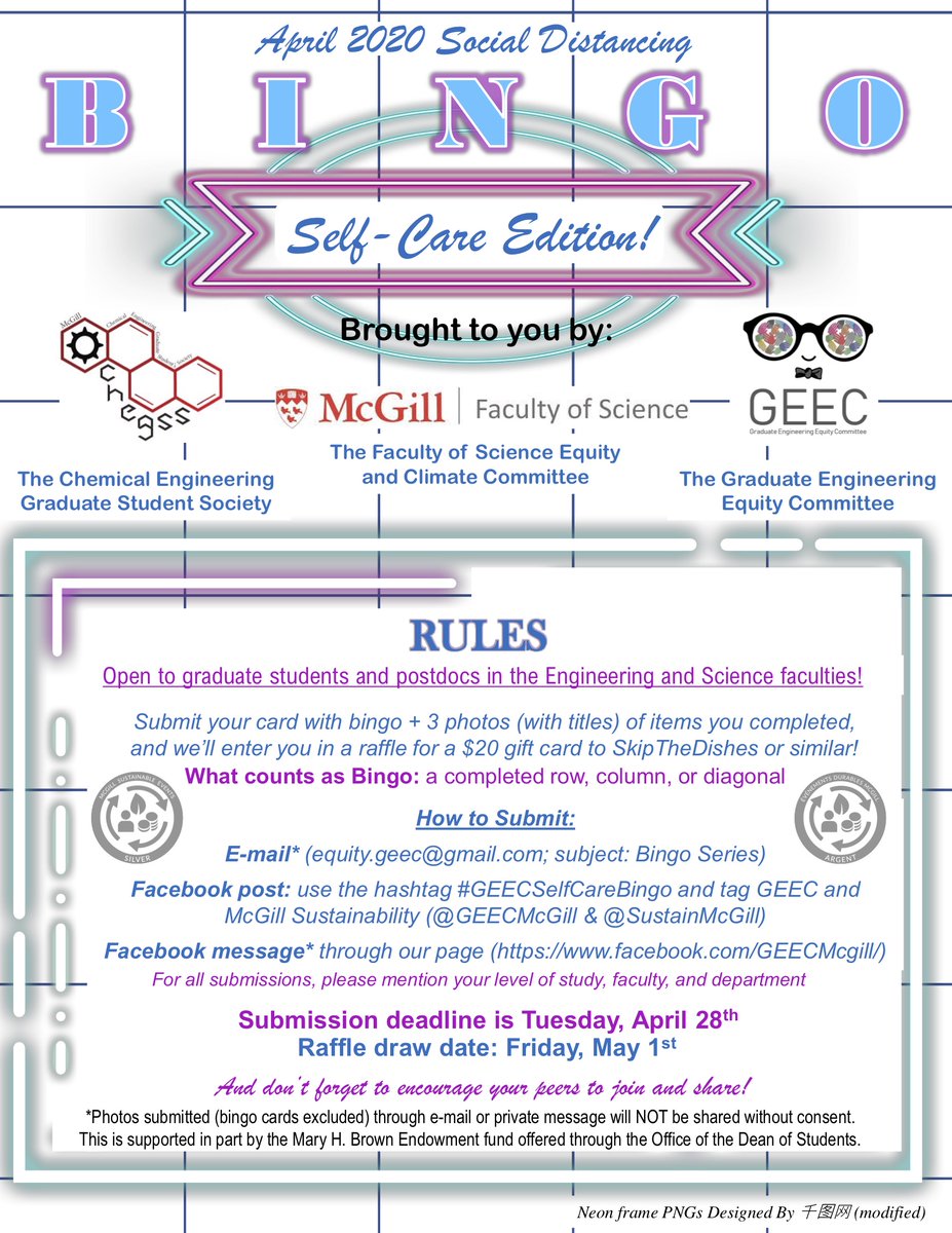 McGill BGSA (@mcgillbgsa) on Twitter photo Sci and Eng grad students and postdocs: play a round of bingo to win a $20 giftcard!
<a href="/SustainMcGill/">McGill Sustainability</a>
#GEECSelfCareBingo
<a href="/BioMcGill/">McGill Biology</a>
<a href="/McGillScience/">McGill Science</a> Sci and Eng grad students and postdocs: play a round of bingo to win a $20 giftcard!
<a href="/SustainMcGill/">McGill Sustainability</a>
#GEECSelfCareBingo
<a href="/BioMcGill/">McGill Biology</a>
<a href="/McGillScience/">McGill Science</a>