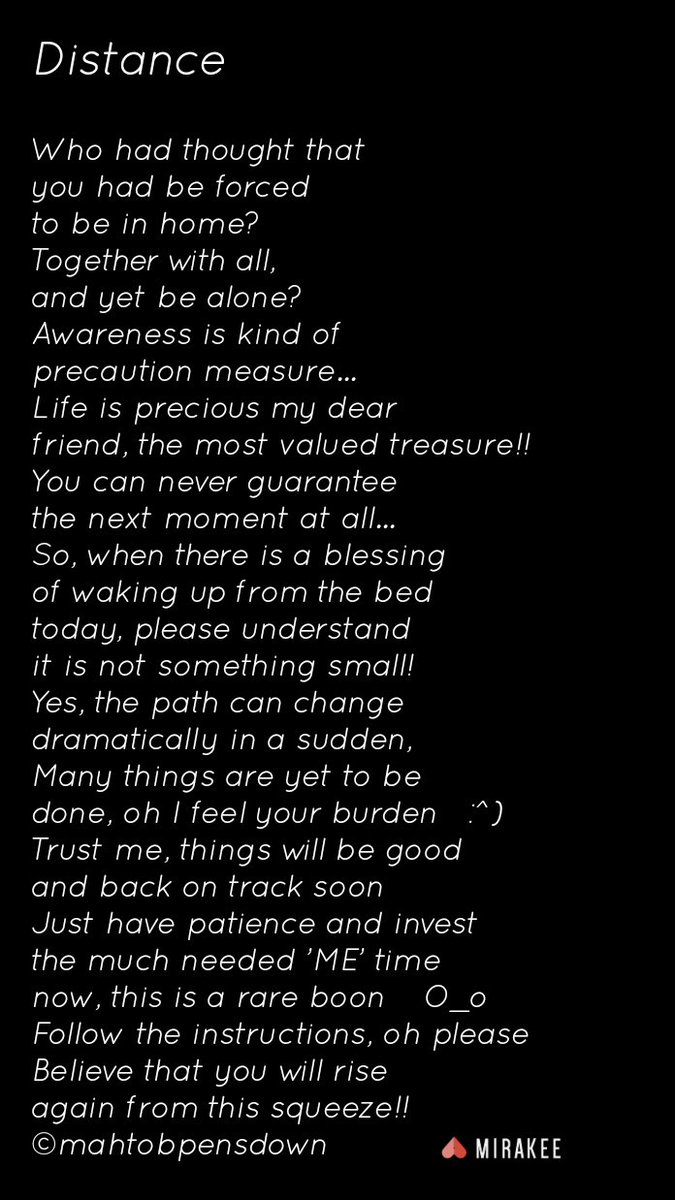 DayamaSayali's tweet photo. #Lockdown2 #TuesdayThoughts #HumanityFirst #LockdownExtended #QuarantineDiaries #poet #PleaseShare #StayAtHomeSaveLives 
#poemblogger
  A poem under my pen name out from my Mirakee blog. HAPPY READING. Stay safe 🙏 https://t.co/79BAbL2295