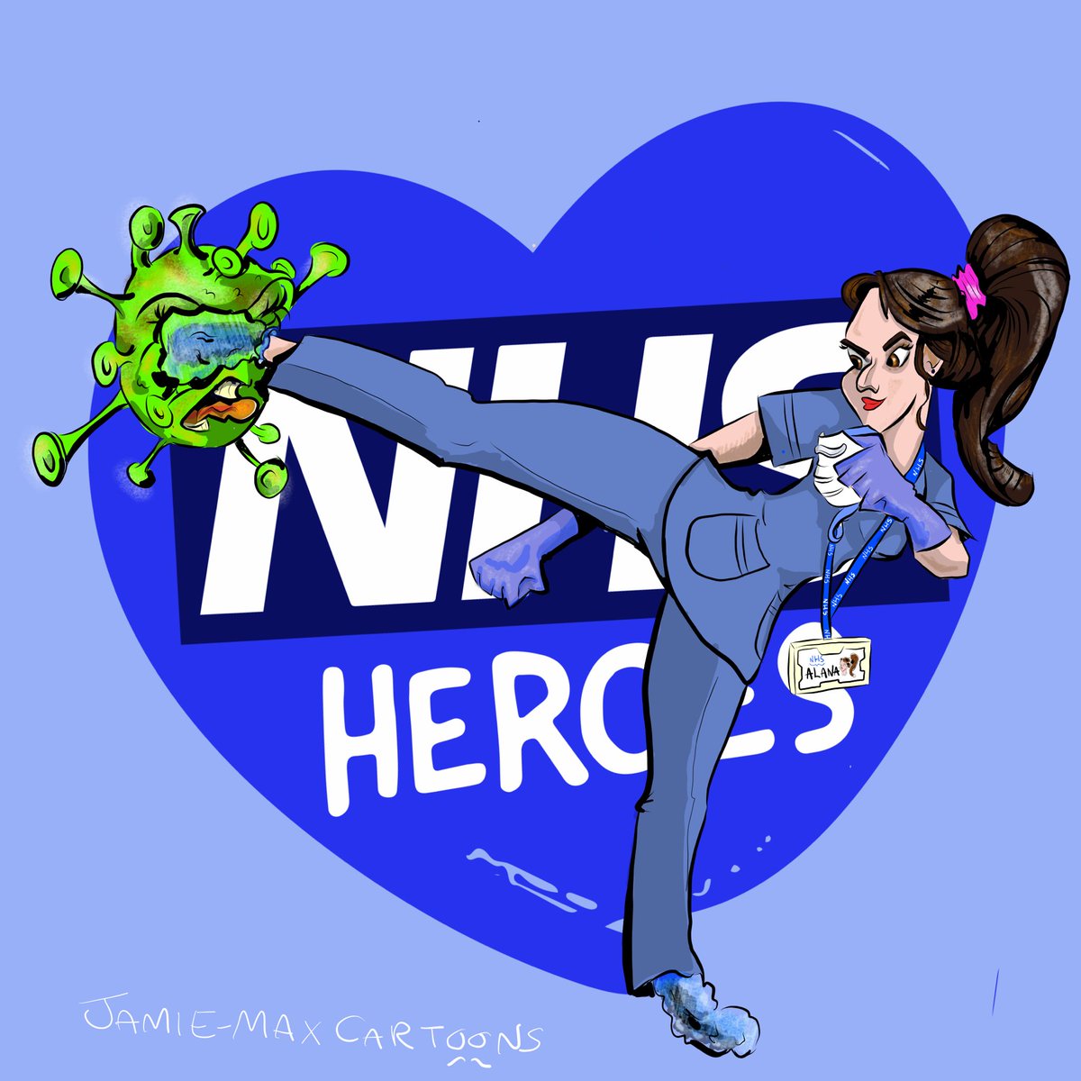 JamieMaxArt's tweet photo. Stay 2ft away! 📏 #NHSHero Alana who is a staff nurse at Inverclyde Royal Hospital 🏥 in Theatre for @NHSScotland Stay home, Keep safe and protect our NHS! For more info on #NHSheroes cartoons please see @jamie-max cartoon on #instgram 📸 https://t.co/PitoQLgFsx