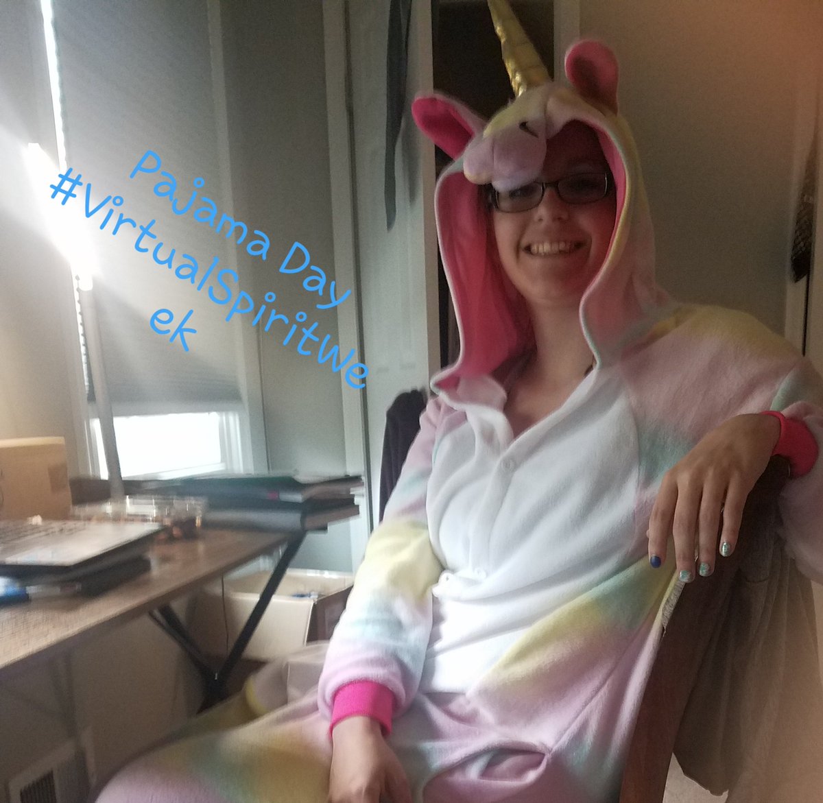 ChelseaBoateng2's tweet photo. Just hanging out for my office hours, wearing my favorite Pajamas! @WakefieldForest @CounselorsWfes #VirtualSpiritWeek #CreativeCounseling #UnicornOnsie https://t.co/B4ISWsUSCo