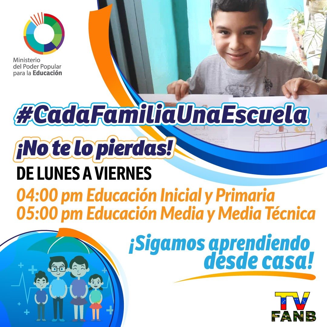 coordvallestuy's tweet photo. Te invitamos a sintonizar tu programa #CadaFamiliaUnaEscuela de lunes a viernes a través de @NoticiasTLA, a las 10 am para los niños y niñas de Educación Inicial y Primaria, y a la 1pm para nuestros jóvenes de Educación Media y Media Técnica @NicolasMaduro @psuvaristobulo https://t.co/2sq1qm95nf